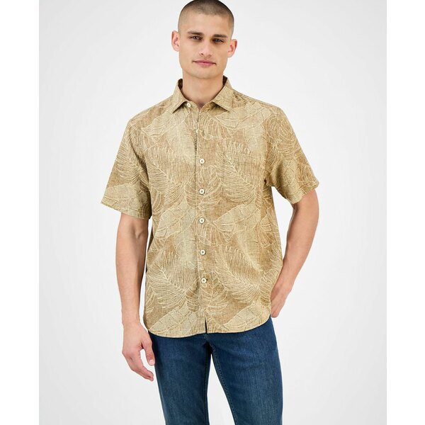 トッミーバハマ メンズ シャツ トップス Men's Sand Desert Leaf-Print Linen Blend Shirt Antique Brown
