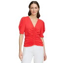 ダナ キャラン ニューヨーク レディース カットソー トップス Women's V-Neck Ruched Knit Elbow-Sleeve Top Flame