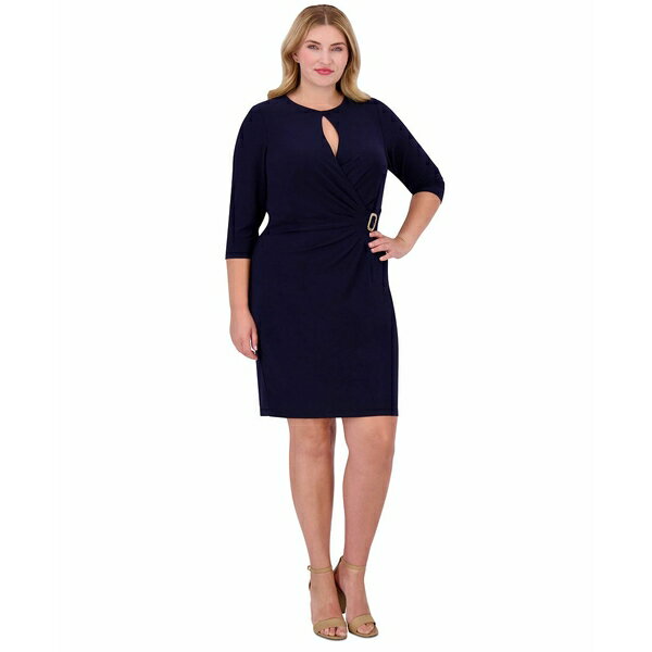 ジェシカハワード レディース ワンピース トップス Plus Size Keyhole-Cutout Gathered-Waist Dress Navy