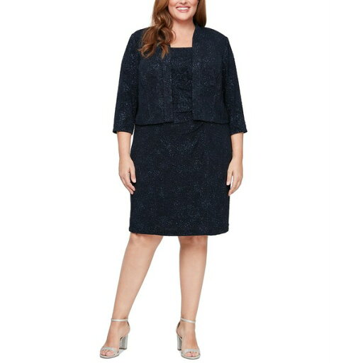 アレックスイブニングス レディース ワンピース トップス Plus Size 2.Pc Sequin Jacquard Sheath Dress & Jacket Navy アレックスイブニングス レディース ワンピース トップス Plus Size 2.Pc Sequin Jacquard Sheath Dress & Jacket Navy