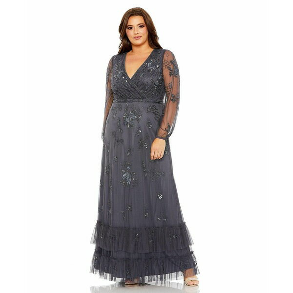 マックダガル レディース ワンピース トップス Women's Puff Sleeve V-Neck Tiered Embellished Gown Charcoal(4)