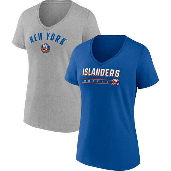 ファナティクス レディース Tシャツ トップス New York Islanders Fanatics Branded Women 039 s 2Pack VNeck TShirt Set Royal/Heathered Gray