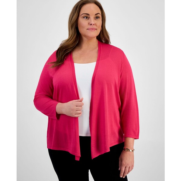 ѡ ǥ ˥å&  Plus Size 3/4-Sleeve A-Line Cardigan Pink Per...