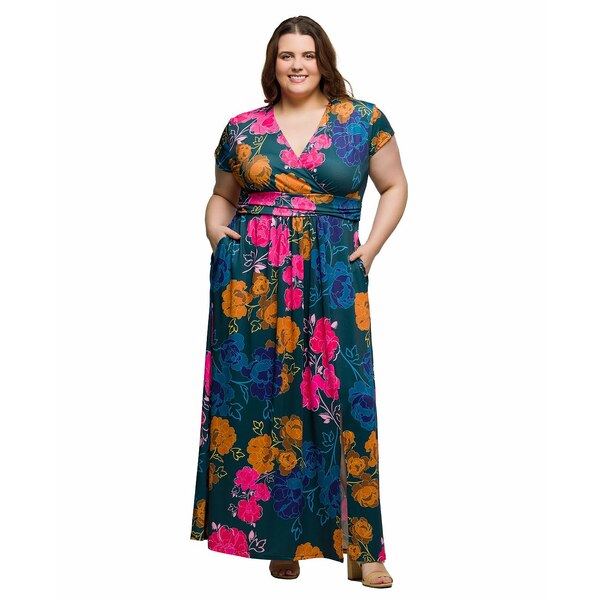 24セブンコンフォート レディース ワンピース トップス Plus Size Cap Sleeve V-Neck Side Slit Pocket Maxi Dress Green Multi