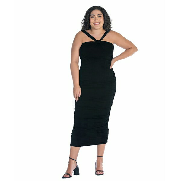 24セブンコンフォート レディース ワンピース トップス Plus Size Halter Cross Neck Ruched Bodycon Mid Dress Black(4)