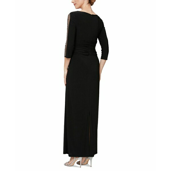 エス エル ファッションズ レディース ワンピース トップス Women's Beaded-Sleeve Ruched-Waist Gown Black