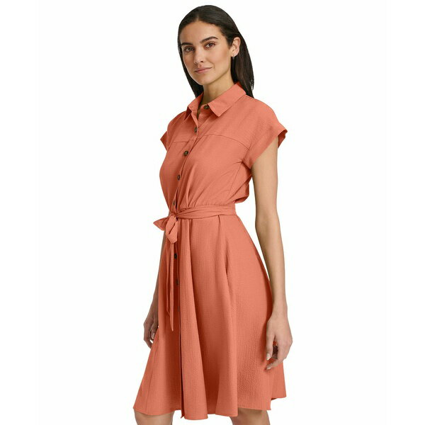 カルバンクライン レディース ワンピース トップス Women's Belted Cap-Sleeve Shirtdress Melon