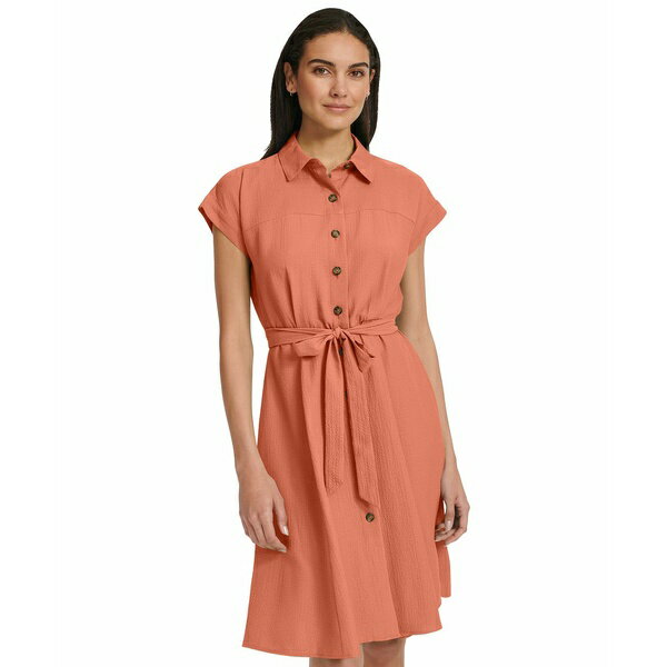 カルバンクライン レディース ワンピース トップス Women's Belted Cap-Sleeve Shirtdress Melon