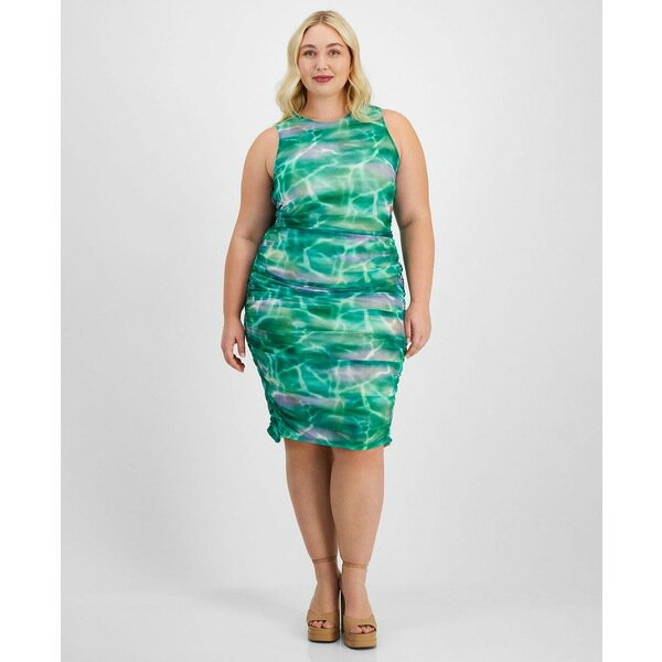 バースリー レディース ワンピース トップス Trendy Plus Size Printed-Mesh Side-Ruched Dress, Exclusively at Macy's Ombre Wave Green