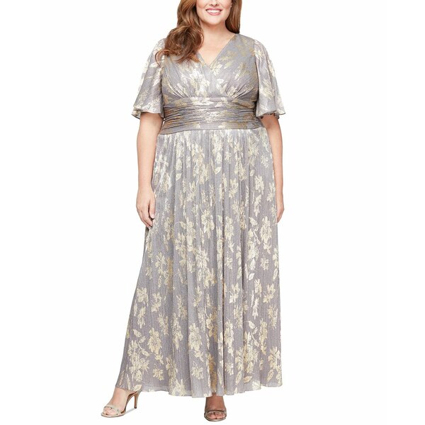 エス エル ファッションズ レディース ワンピース トップス Plus Size V-Neck Metallic Fit & Flare Gown Smoke/gold