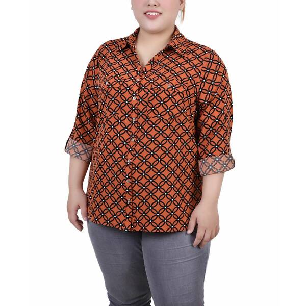 ニューヨークコレクション レディース カットソー トップス Plus Size 3/4 Sleeve Roll Tab Notch Coll..