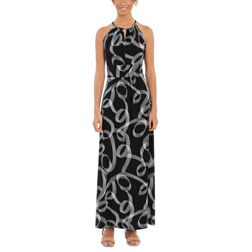 ロンドンタイムス レディース ワンピース トップス Women's Printed Jersey Halter-Neck Maxi Dress Black/White ロンドンタイムス レディース ワンピース トップス Women's Printed Jersey Halter-Neck Maxi Dress Black/White