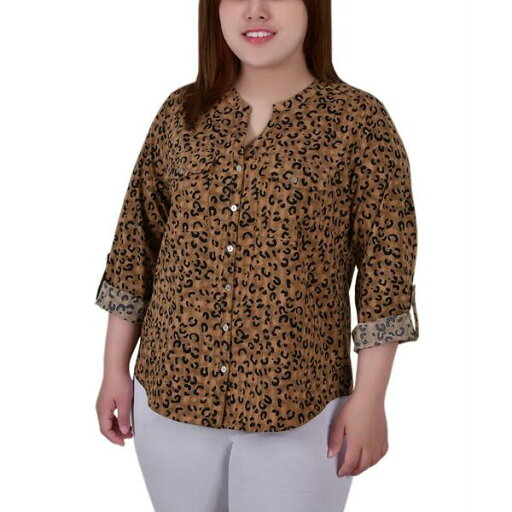 ニューヨークコレクション レディース カットソー トップス Plus Size 3/4 Sleeve Roll Tab Y Neck Blouse Taupe Animal ニューヨークコレクション レディース カットソー トップス Plus Size 3/4 Sleeve Roll Tab Y Neck Blouse Taupe Animal