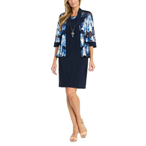 アールアンドエムリチャーズ レディース ワンピース トップス Petite Floral Foil Necklace Jacket Dress Navy Silver アールアンドエムリチャーズ レディース ワンピース トップス Petite Floral Foil Necklace Jacket Dress Navy Silver