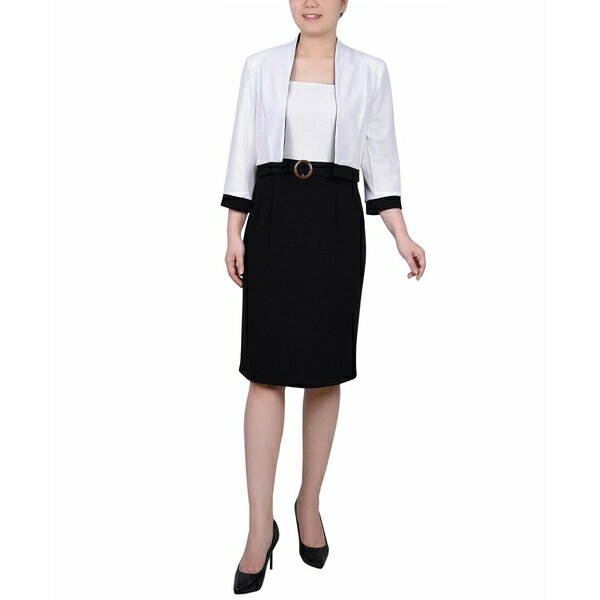 ニューヨークコレクション レディース ワンピース トップス Women's 3/4 Sleeve Colorblocked Dress, 2 Piece Set Black, White