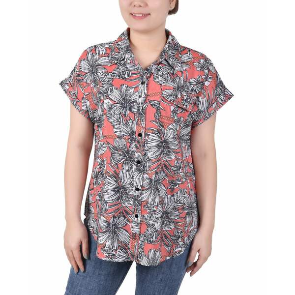 ニューヨークコレクション レディース カットソー トップス Petite Short Rolled Sleeve Button Front Blouse Red Maui Breeze