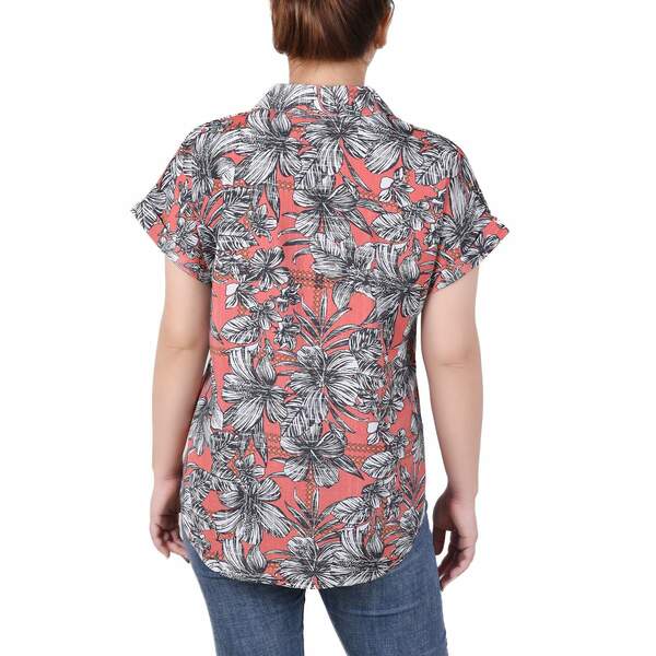 ニューヨークコレクション レディース カットソー トップス Petite Short Rolled Sleeve Button Front Blouse Red Maui Breeze