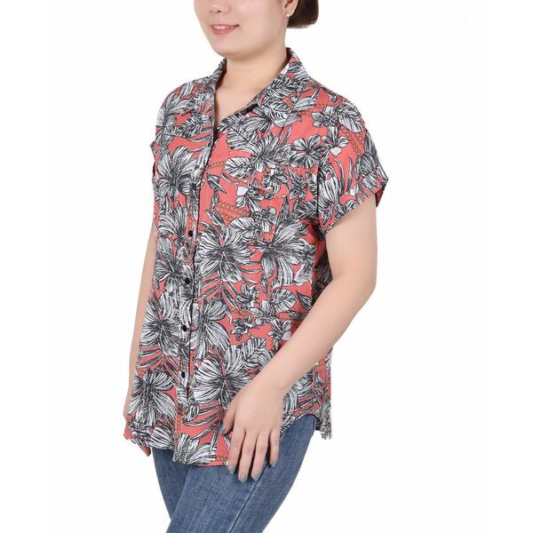 ニューヨークコレクション レディース カットソー トップス Petite Short Rolled Sleeve Button Front Blouse Red Maui Breeze