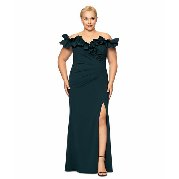 エスケープ レディース ワンピース トップス Plus Size Ruffled Off-The-Shoulder Gown Pine