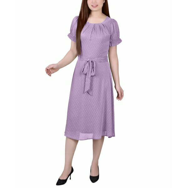 ニューヨークコレクション レディース ワンピース トップス Women's Short Sleeve Belted Swiss Dot Dress Regal Orchid Rectangle