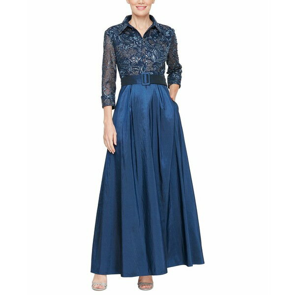 アレックスイブニングス レディース ワンピース トップス Petite Embroidered Belted A-Line Shirtdress Gown Navy