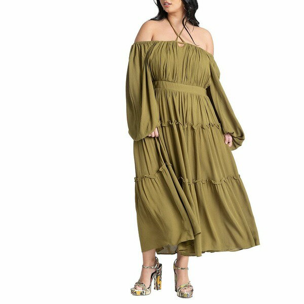 エロクイ レディース ワンピース トップス Plus Size Tiered Ruffle Maxi Dress Green moss