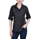 ニューヨークコレクション レディース カットソー トップス Petite 3/4 Roll Tab Chambray Blouse Black Knitdeni...