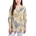 ニューヨークコレクション レディース カットソー トップス Women's Knit Jacquard 3/4 Sleeve Roll Tab Top Yell...