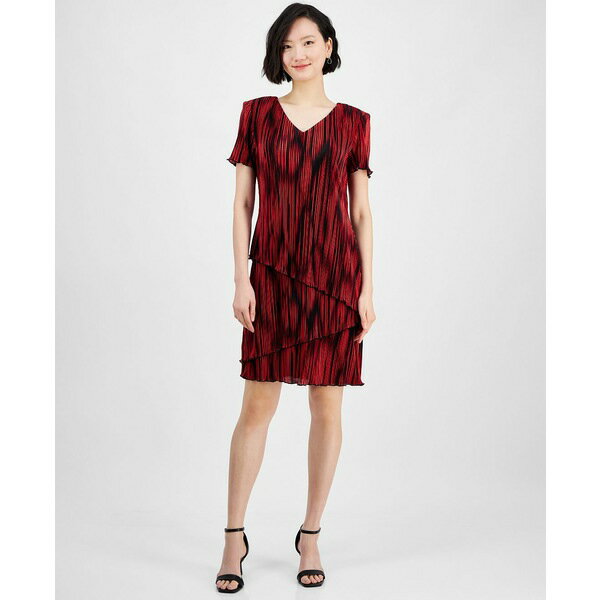 コネクテッド レディース ワンピース トップス Women's Pleated Tiered V-Neck Sheath Dress Red