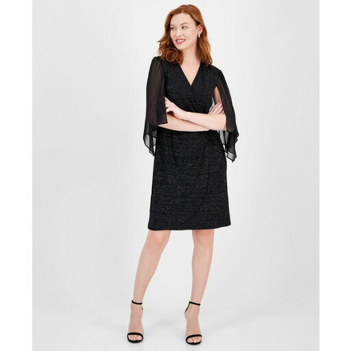 コネクテッド レディース ワンピース トップス Women's Glitter-Knit Flare-Sleeve O-Ring Dress Blk コネクテッド レディース ワンピース トップス Women's Glitter-Knit Flare-Sleeve O-Ring Dress Blk