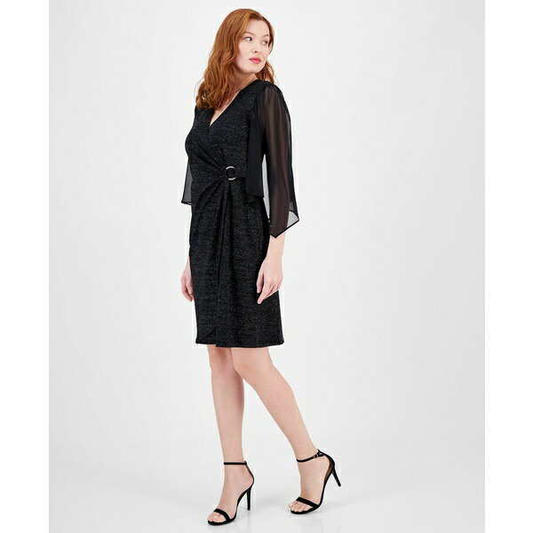 コネクテッド レディース ワンピース トップス Women's Glitter-Knit Flare-Sleeve O-Ring Dress Blk