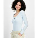 マッデンガール レディース カットソー トップス Juniors' Bow-Keyhole Long-Sleeve Bodysuit Delicate Blue