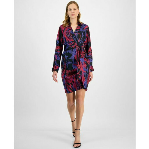 タハリエーエスエル レディース ワンピース トップス Women's Printed Faux-Wrap Dress Black Cobalt タハリエーエスエル レディース ワンピース トップス Women's Printed Faux-Wrap Dress Black Cobalt