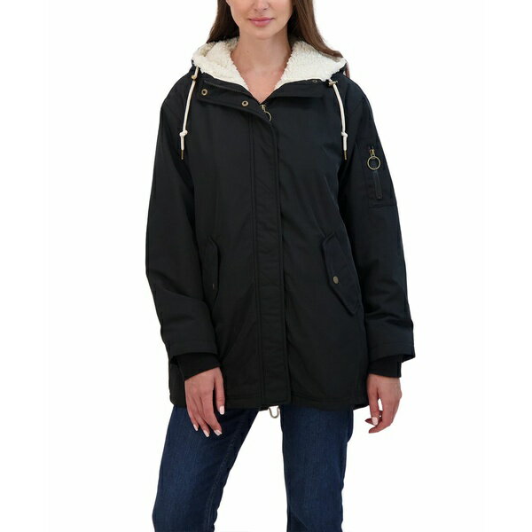 セビー レディース ジャケット&ブルゾン アウター Juniors' Juniors' Flight Satin 3/4 Cozy Lined Hooded Jacket Black