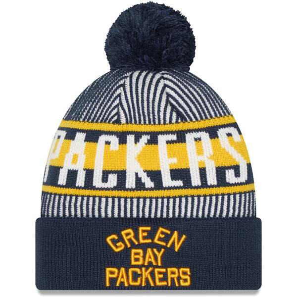 ニューエラ メンズ 帽子 アクセサリー Green Bay Packers New Era Striped Cuffed Knit Hat with Pom Navy