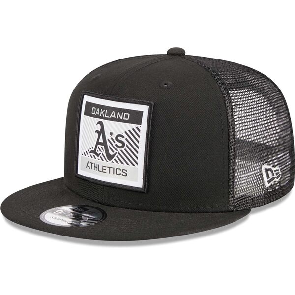 j[G Y Xq ANZT[ Oakland Athletics New Era Scratch Squared Trucker 9FIFTY Snapback Hat Black