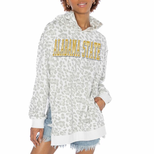 楽天astyゲームデイ レディース パーカー・スウェットシャツ アウター Alabama State Hornets Gameday Couture Women's Home Team Advantage Leopard Print Oversized SideSlit Pullover Hoodie White