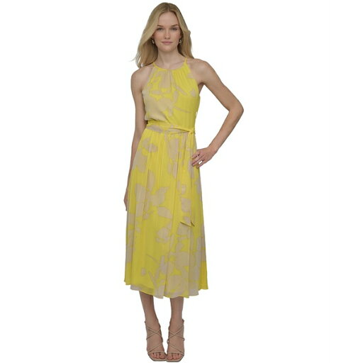 ダナ キャラン ニューヨーク レディース ワンピース トップス Women's Printed Chiffon Halter Belted Midi Dress Daffodil/Khaki ダナ キャラン ニューヨーク レディース ワンピース トップス Women's Printed Chiffon Halter Belted Midi Dress Daffodil/Khaki