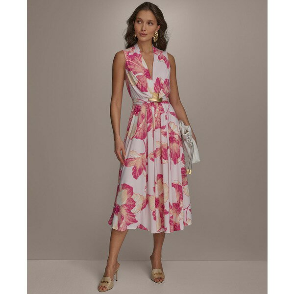ダナ キャラン ニューヨーク レディース ワンピース トップス Petite Floral-Print Belted Midi Dress Misty Rose Pink