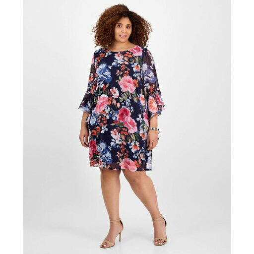 コネクテッド レディース ワンピース トップス Plus Size Printed Round-Neck Sheath Dress Navy コネクテッド レディース ワンピース トップス Plus Size Printed Round-Neck Sheath Dress Navy