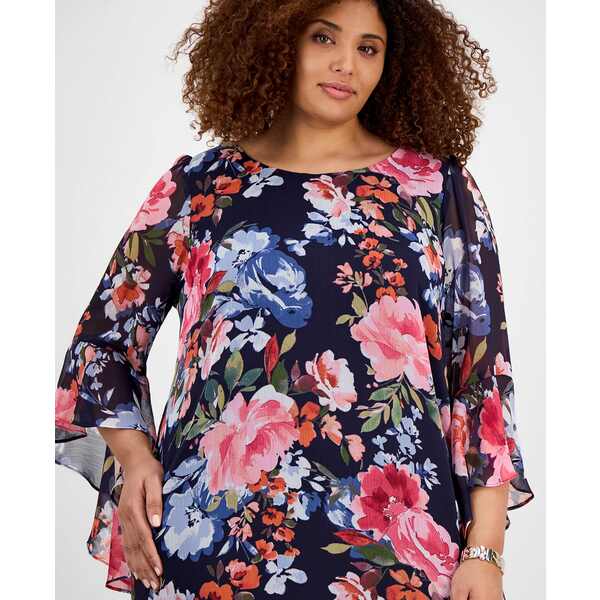 コネクテッド レディース ワンピース トップス Plus Size Printed Round-Neck Sheath Dress Navy