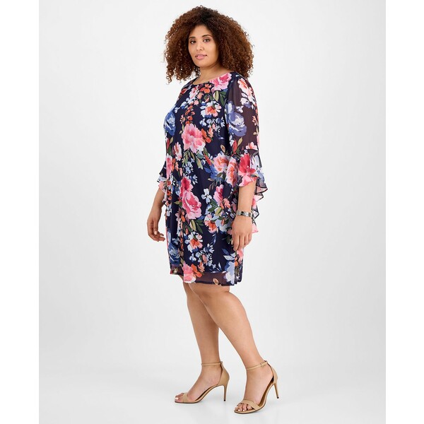 コネクテッド レディース ワンピース トップス Plus Size Printed Round-Neck Sheath Dress Navy