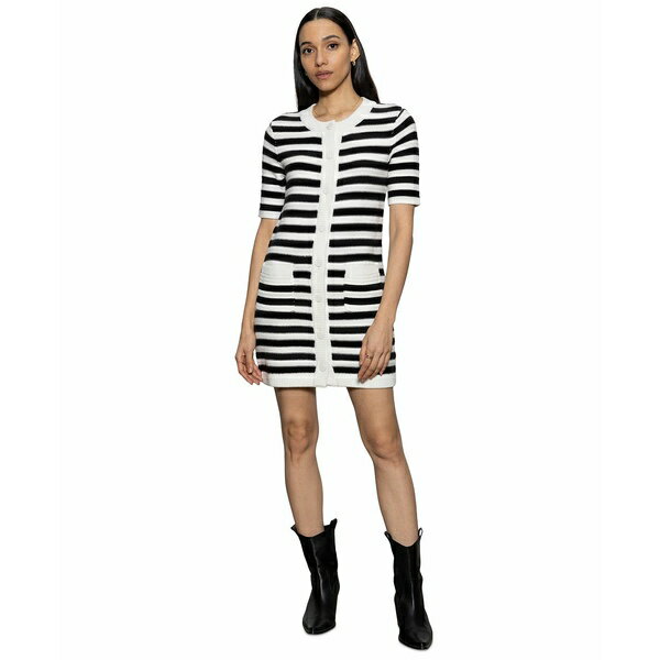 サンクチュアリー レディース ワンピース トップス Women's Button-Front Knit Mini Dress Chalk And Black Stripe