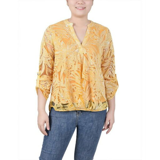 ニューヨークコレクション レディース カットソー トップス Women's Long Sleeve Burnout Y-neck Blouse Yellow Palm Leaves ニューヨークコレクション レディース カットソー トップス Women's Long Sleeve Burnout Y-neck Blouse Yellow Palm Leaves