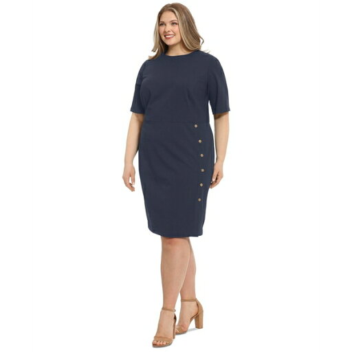 ロンドンタイムス レディース ワンピース トップス Plus Size Button-Trim Sheath Dress Navy ロンドンタイムス レディース ワンピース トップス Plus Size Button-Trim Sheath Dress Navy