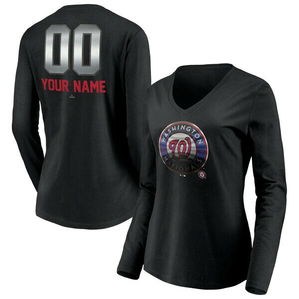 t@ieBNX fB[X TVc gbvX Washington Nationals Fanatics Branded Women's Personalized Midnight Mascot Long Sleeve VNeck TShirt Black