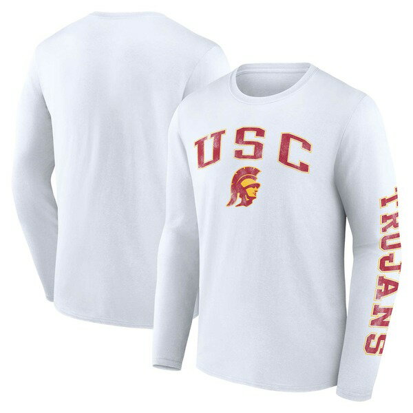 եʥƥ  T ȥåץ USC Trojans Fanatics Branded Distressed Arch Over Logo Long Sleeve TShirt White