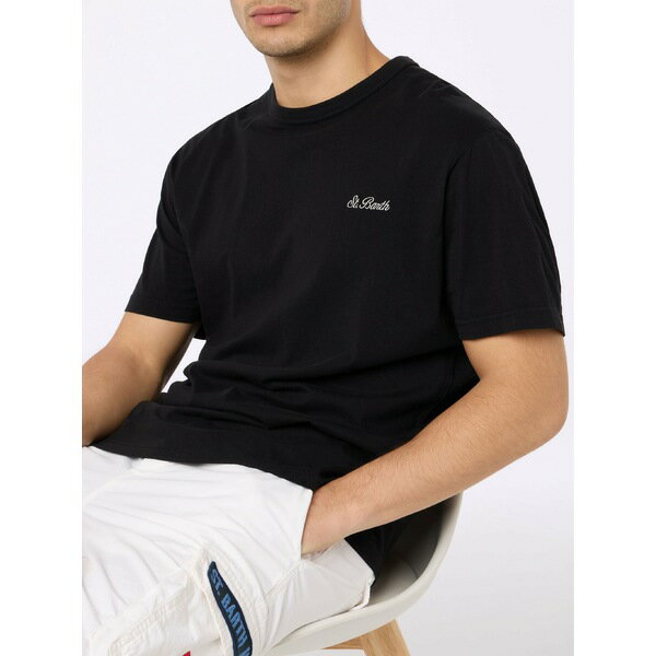 エムシーツーセイントバース メンズ Tシャツ トップス Man Black Cotton Jersey T-shirt Dover With St. Barth Embroidery BLACK