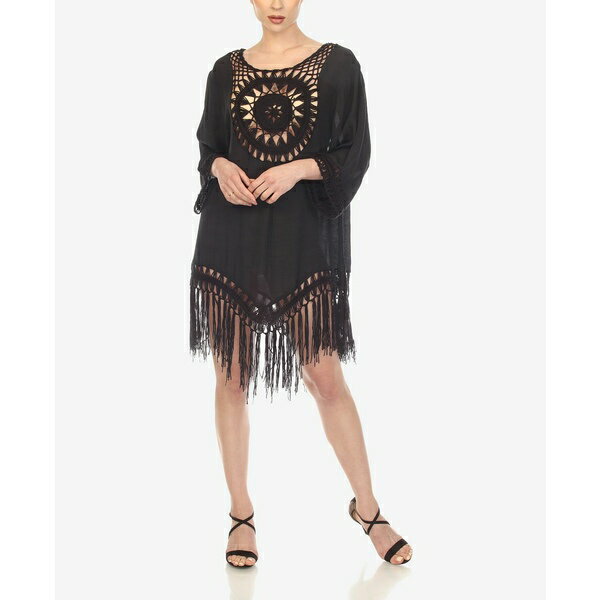 ホワイトマーク レディース ワンピース トップス Women's Crocheted Fringed Trim 3/4 Sleeves Cover Up Dress Black