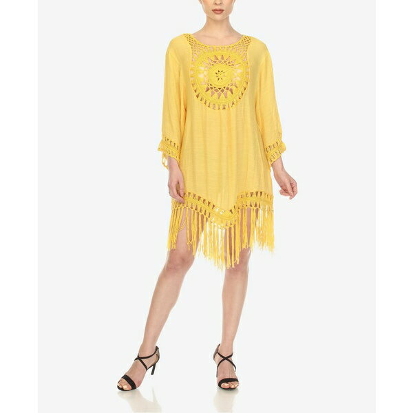 ホワイトマーク レディース ワンピース トップス Women's Crocheted Fringed Trim 3/4 Sleeves Cover Up Dress Yellow